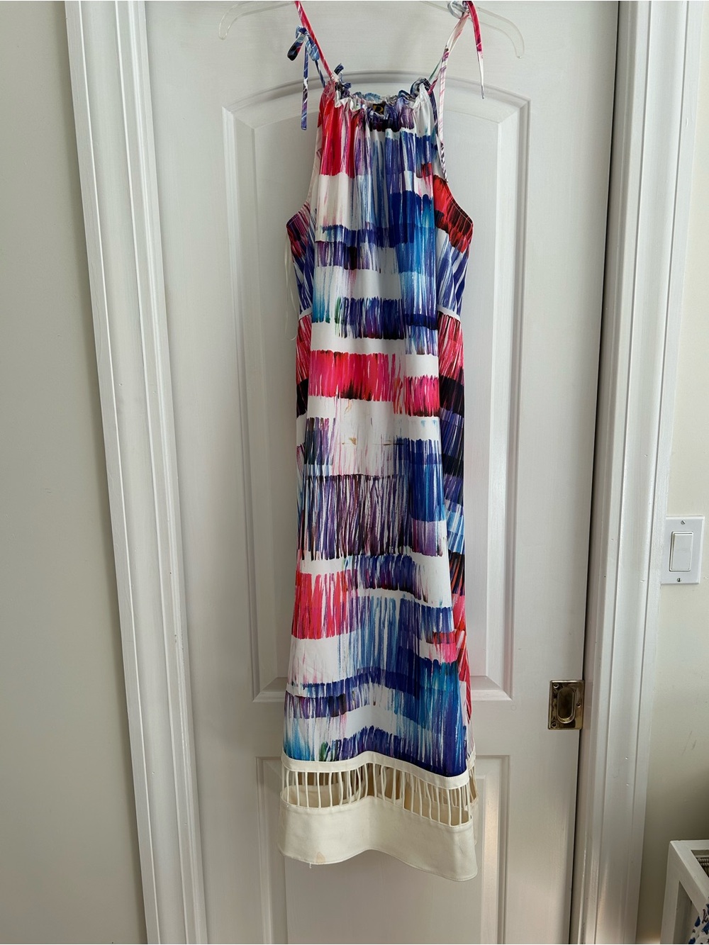 bebe Multicolor Striped Maxi Dress with Fringe Hem
